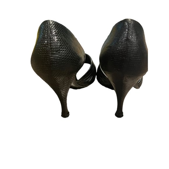 Salvatore Ferragamo D'Orsay Black Heels Pumps Open Toe Reptile Print Leather Sz - Picture 4 of 7
